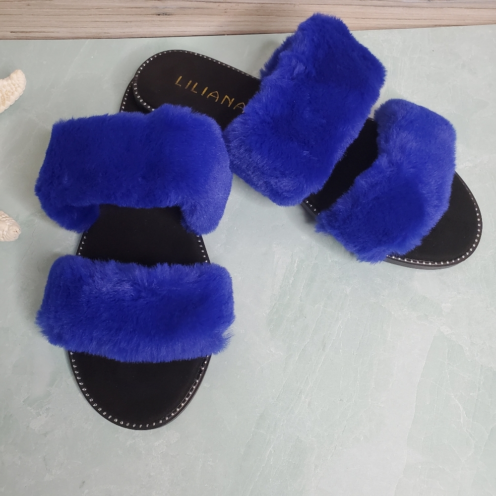NEW Liliana Blue Fur Double Band Flat Slides - Picture 7 of 7